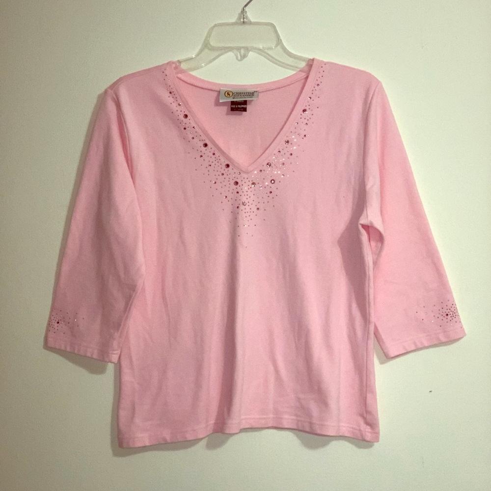 Christine Alexander Pink Vneck w/Swarovski crystal